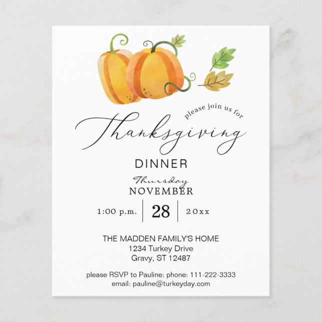 Budgeterad Thanksgiving Duo Pumpkin Watercolor-mid Flygblad (Framsidan)