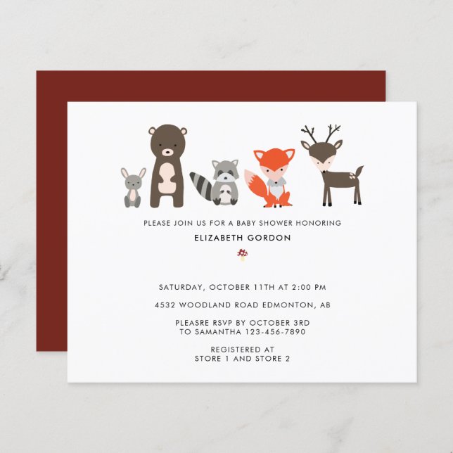 Budgeterad trädstödsmaskin Baby Shower Forest Anim (Fram/baksida)