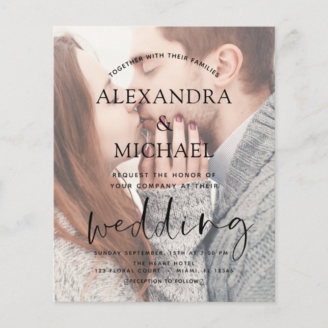 Budgeterad, transparent inbjudan till fotobröllop flygblad (Framsidan)