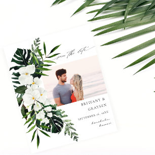 Budgeterad, tropisk vit Blommigt Spara datumfoto Flygblad