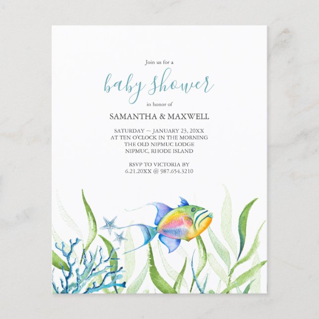 Budgeterad vattenfärgsbabyskor under havstemat (Framsida)