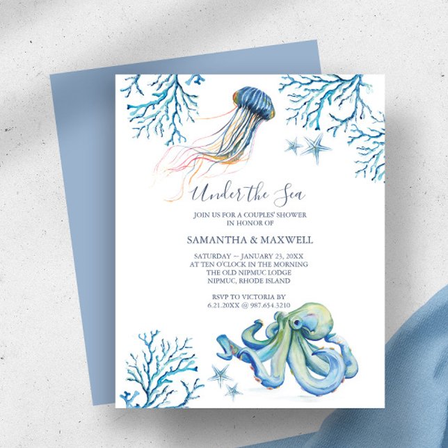 Budgeterad vattenfärgsbabyskor under havstemat (baby boy shower invitations watercolor under the sea watercolor octopus starfish corals DoTellABelle)