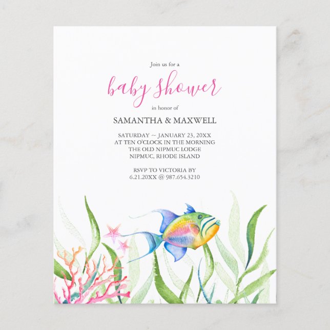 Budgeterad vattenfärgsbabyskor under havstemat (Framsida)