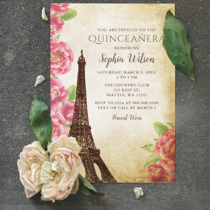 Budgeterad Vintage Eiffel Torn Quinceañera-inbjuda