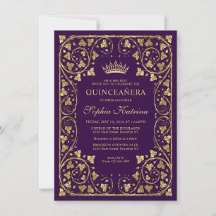 Budgeterad Vintage Glam Lila Guld Tiara Quinceaner Anteckningskort