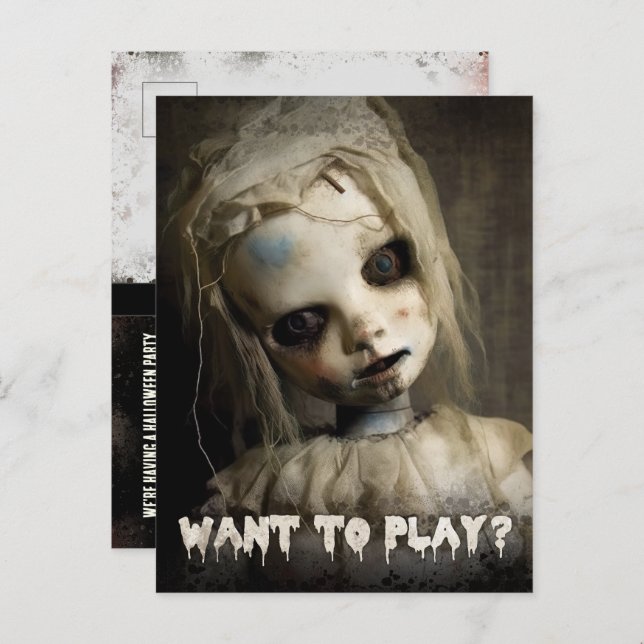 Budgeterad Vuxen för tillgänglig doll Halloween-in Inbjudan Vykort (Fram/baksida)