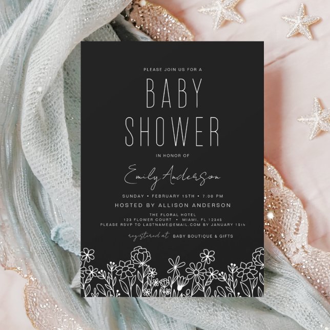 Budgeterad Wildblommor Boho Baby Shower Black Flygblad (Skapare uppladdad)