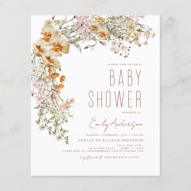 Budgeterad Wildblommor Boho Baby Shower Flygblad (Framsidan)
