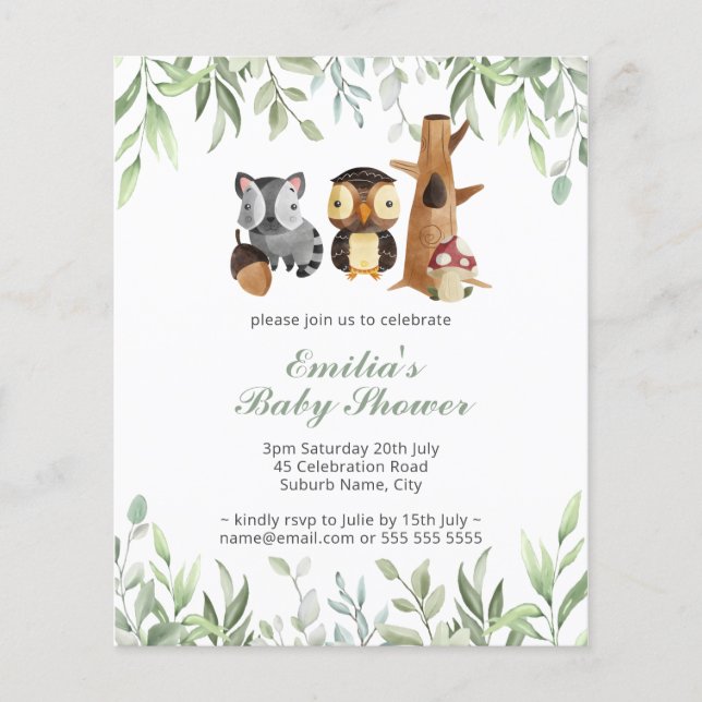 Budgeterade trädsdjur Greenery Baby Shower Flygblad (Framsidan)