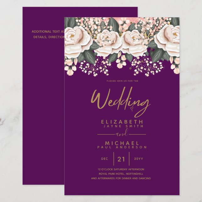 Budgeterade Vit ros Botaniska Bröllopsinbjudningar (Fram/baksida)