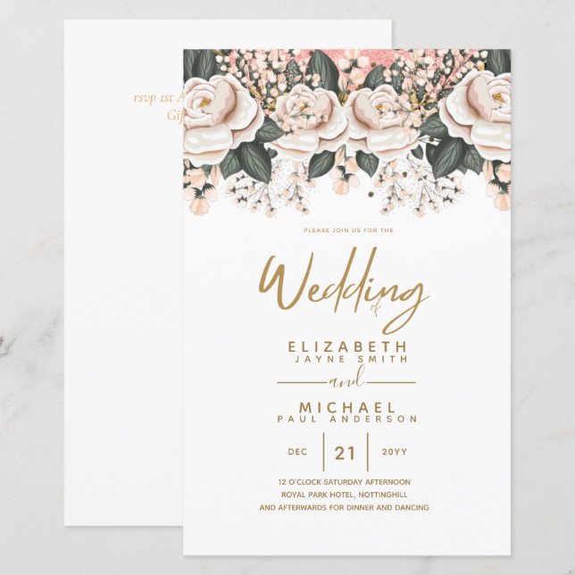 Budgeterade Vit ros Botaniska Bröllopsinbjudningar (Fram/baksida)