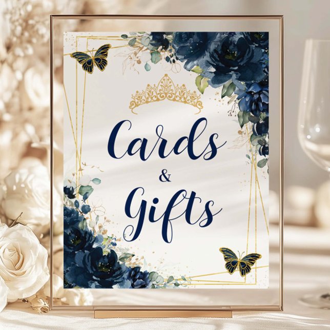 Budgeterat blått Blommigt Quinceañera-kort och gåv (navy-blue-floral-butterflies-gold-quinceanera-sweet-16-birthday-party-cheap-card-and-gift-sign)