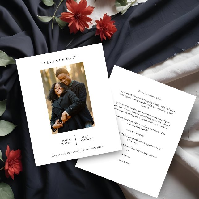 Budgeterat Bröllop moderna Finare-minialistiskt fo (Inexpensive Modern Fancy Minimalist Photo Couple Wedding Save the Date with Envelope.)
