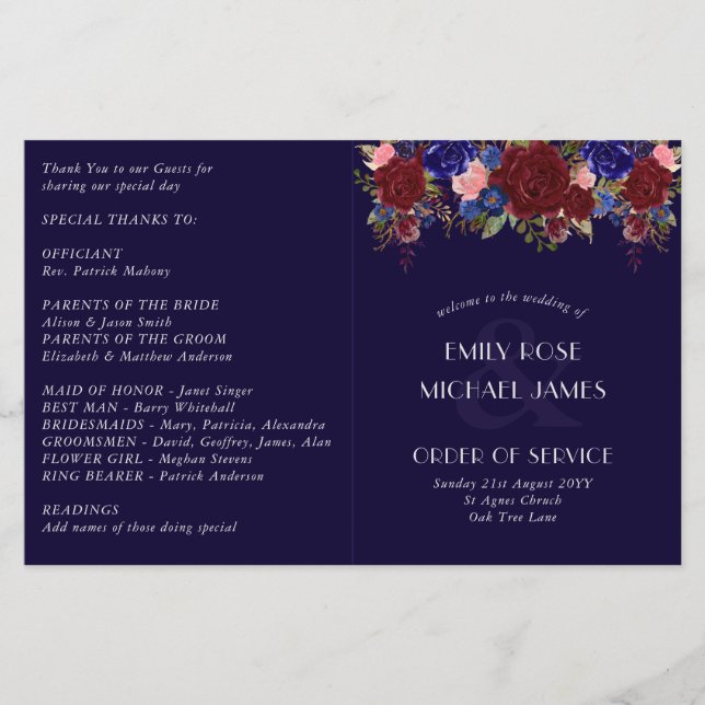 Budgeterat Bröllopsprogram Burgundy Blue Ro Flower (Framsida)