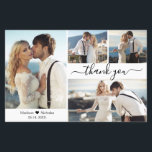 Budgeterat enkelt fotokollage Bröllop tackkort<br><div class="desc">Elegant, minimalistiskt, Modern 4 Photo Collage Script Bröllop Tack är ett prisvärt tunt kort med låg budget. Snyggt bröllop tackar dig för en mall med fyra foto på framsidan och ett foto på baksidan. Med texten "Tack" i ett snabbt, stavat skrivstil eller kalligrafiskt skriptteckensnitt med dekortecken eller i svart på...</div>