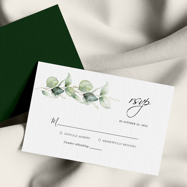 Budgeterat eukalyptus Greenery-Bröllop OSA Anteckningskort (Eucalyptus Greenery Foliage Script Wedding RSVP Card)