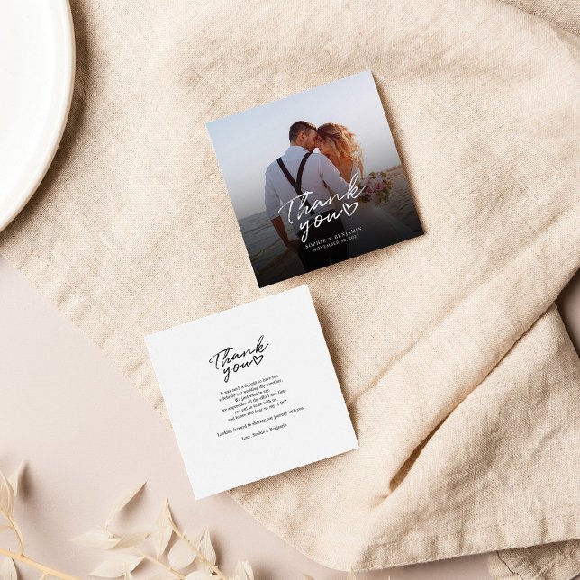 Budgeterat foto-Hand-Lettered Bröllop Tack Anteckningskort (Wedding Photo Thank You Square Mini Notecard)