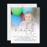 Budgeterat fotoövertäckningsskript 90:e födelsedag<br><div class="desc">Ett ekonomiskt alternativ i BUDGET på en mindre storlek på 4, 5 x 5, 6 tum (110 lbs vikt), som är av samma tjocklek som ett vykort (är dock inte lämpligt för använda som vykort). OBSERVERA ATT DET FINNS EN inbjudan per lakan. Budgeterad fotoövertäckning Skriptinbjudan till 90:e födelsedagstid. Ett minimalistiskt...</div>