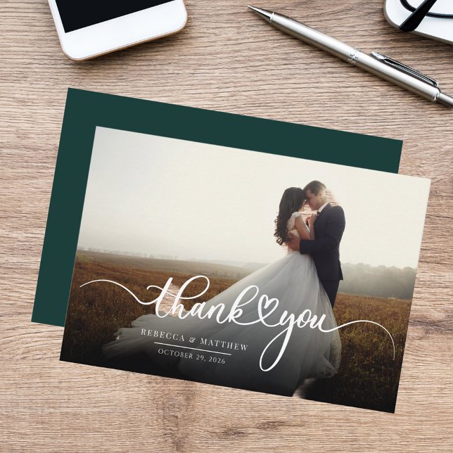 Budgeterat fotoskript Bröllop Tack Anteckningskort (Modern Photo Script Wedding Thank You Note Card)