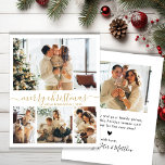 Budgeterat Guld Script 4 Photo Collage-julkort<br><div class="desc">Budgeterat minialistiskt Guld Calligraphy 4 Photo Collage God jul Script Helgdag Card. Den här snygga, enkla, fyra (4) fotokortsmallen innehåller en söt fotokollage och säger "God jul"! Texten "God jul" hälsning är skriven på ett vackert handskrivet sätt som är mycket nyktert i svan i guld på vit färg-bakgrund. På baksidan...</div>