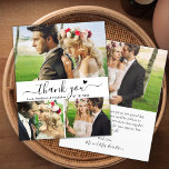 Budgeterat Heart Script Collage Bröllop - tackkort<br><div class="desc">Budget, minimalistisk Modern Elegant-Tack-skript 3 Photo Collage Bröllop Tack-personlig till ett överkomligt pris med ett tunt kort med låg budget. Snyggt bröllop tackar dig för att du har en kortmall med fyra foto på framsidan och ett foto på baksidan. ***NOTERA! *** BUDGETEN PAPPER/FLYER ÄR PAPPER. *** UPPGRADERA PAPPRA FÖR EN...</div>