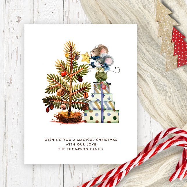 Budgeterat Helgdag för cute-möss i Julgran (Budget price smaller 4.5 x 5.6" humorous cute mice Christmas Card)