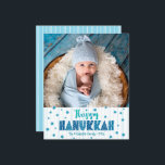 Budgeterat Lycklig Hanukkah Photo Blue Stars Moder<br><div class="desc">"Lycklig Hanukkah." Roligt, lekfull, vismisk, handgjord typografi och en slumpmässig stjärna av David mönster i ljusblått turkosa, överstrykning av ljusturkos blått hand plockade linjer på vit bakgrund, tillsammans med fotot som du själv väljer, hjälper dig att gå in i Hanukkah. Hand plockade, vitt linjer, täcker över en ljusblå bakgrund på...</div>