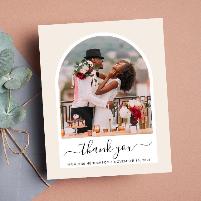 Budgeterat matat foto Cream Bröllop - tackkort (Celebrate your love story with a thank you card showcasing your photo in an elegant arch frame)