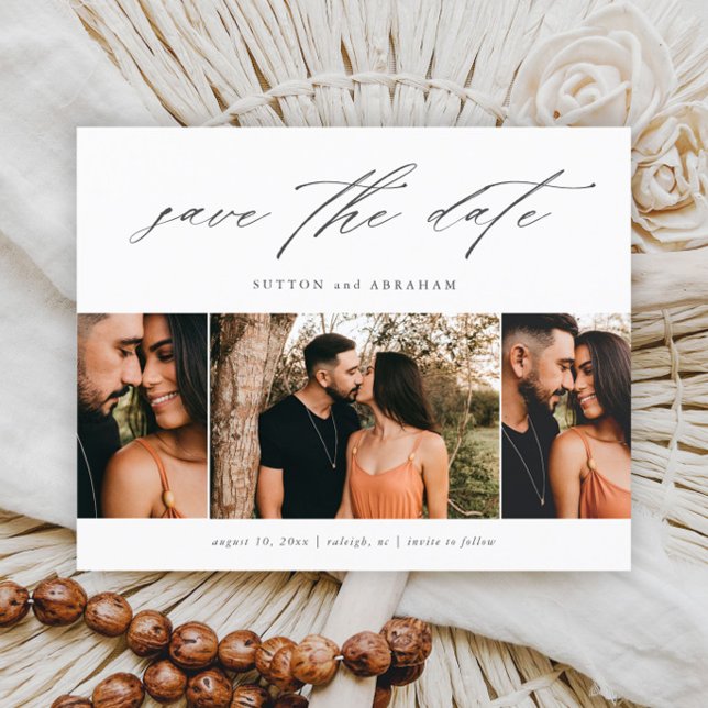 Budgeterat minimalt skript 3 - foto spara datumet (Elegant script 3 photo wedding save the date cards.)