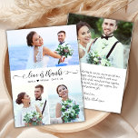 Budgeterat Modern skript Photo Bröllop - tackkort<br><div class="desc">Budget Modern Elegant Kärlek och tack vare skript 3 Photo Collage Bröllop Tack har ett prisvärt tunt kort med låg budget. Snyggt bröllop tackar dig för en mall med tre bilder på framsidan med texten "Kärlek och tack" i ett handskrivet calligrafi eller ett typsnitt för svan i dekortecken i svart...</div>