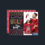 Budgeterat Photo Helgdag Ugly Sweater Chalkboard-k<br><div class="desc">"Må alla dina svettare vara fula och klara." Fira helgdagarna i "stil" med dina fulaste, stiliga julsvatare! På den lämnat sidan, söt, vismisk träd, renar, prydnadsföremål och lekfull "sweater"-typografi i rött, grönt och akvblått, täcker över en kritbakgrund. Anpassningsbarnas foto finns på högerna. En vit mässa mönster i träd, renar och...</div>