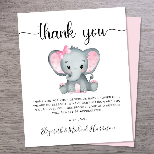 Budgeterat Rosa Elephant Baby Shower - tackkort (Skapare uppladdad)