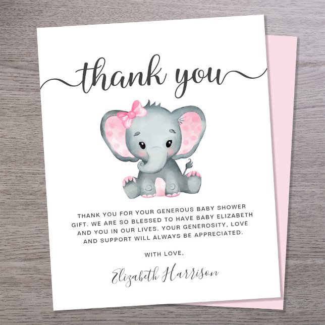 Budgeterat Rosa Elephant Baby Shower - tackkort (Skapare uppladdad)