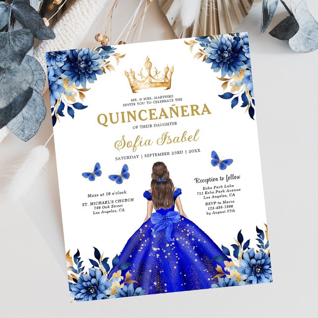 Budgeterat Royal Blue Bilingual Spain Quinceanera Flygblad (Skapare uppladdad)