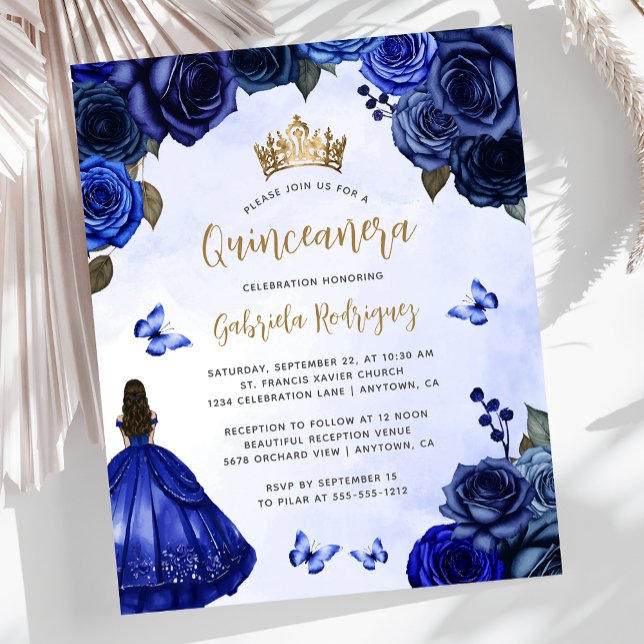 Budgeterat Royal Blue Guld Blommigt Quinceañera (Skapare uppladdad)