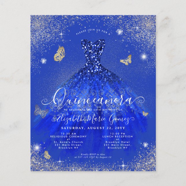 Budgeterat Royal Blue Guld Gown Quinceanera Inbjud (Framsida)