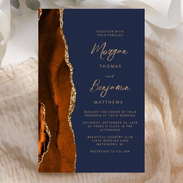 Budgeterat Rust Guld Agate Navy Blue Script Bröllo (Skapare uppladdad)