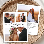 Budgeterat skript Fotokollage Bröllop - tackkort<br><div class="desc">Budgeterad Elegant Modern Script 3 Photo Collage Bröllop Tack personlig har ett prisvärt tunt kort med låg budgetmässig billigt. Snyggt bröllop tackar dig för att du har en kortmall med tre (3) foto på framsidan och ett (1) foto på baksidan. Med "Tack"-texten i ett snabbt, snabbt skrivet, kalligrafi eller typografi...</div>