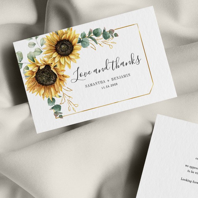 Budgeterat solrosbelopp, Blommigt Bröllop - tackko Anteckningskort (Floral Sunflower Eucalyptus Wedding Thank You Notecard)