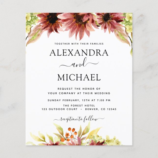 Budgeterat solrosburgundi-Landsbyggsbröllop Flygblad (Framsidan)