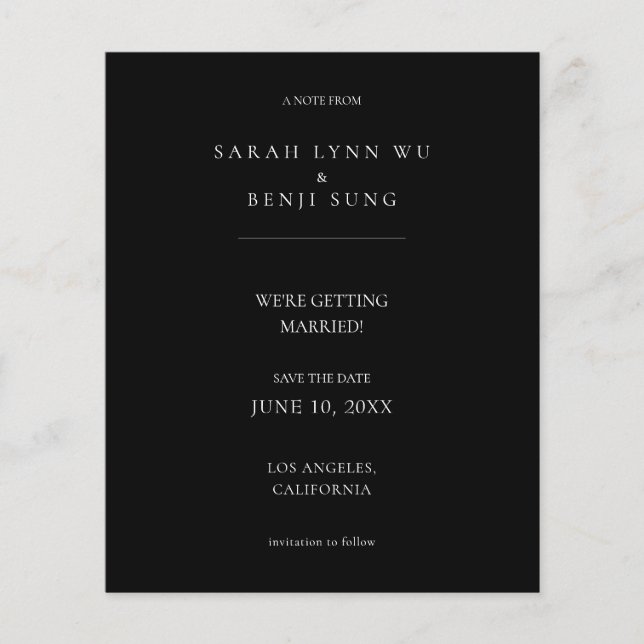 Budgeterat svart minimalistiskt Mod 2 V2 Spara dat Flygblad (Framsidan)