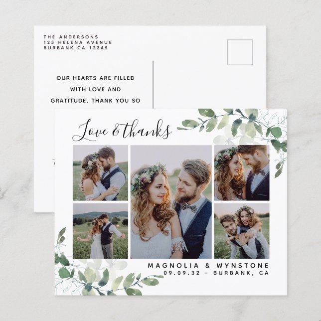 Budgeterat vykort för fotoeukalyptus Bröllop Tack (Fram/baksida)