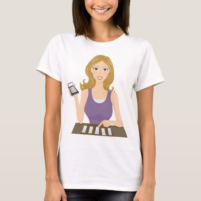 Budgeteringskvinna med miniräknare Personlig ekono T Shirt (Framsida)