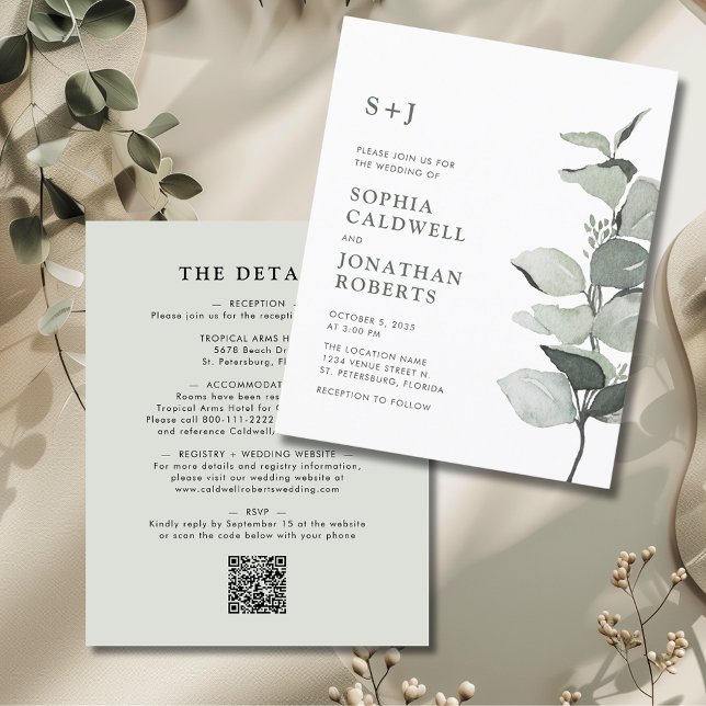 Budgeteukalyptus alla i en bröllopsinbjudan (Budget Elegant Eucalyptus All in One Wedding Invitation )