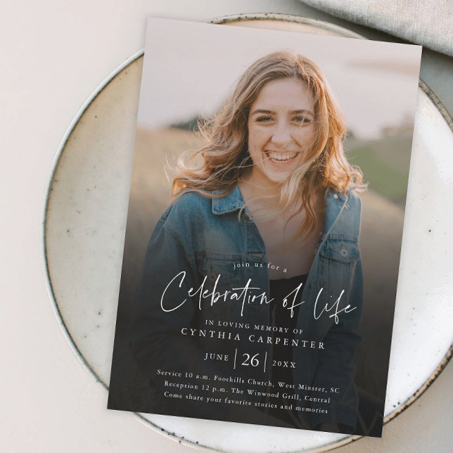 Budgetfirande Livsminnesinbjudan (Modern handwritten script celebration of life budget photo memorial invitation.)