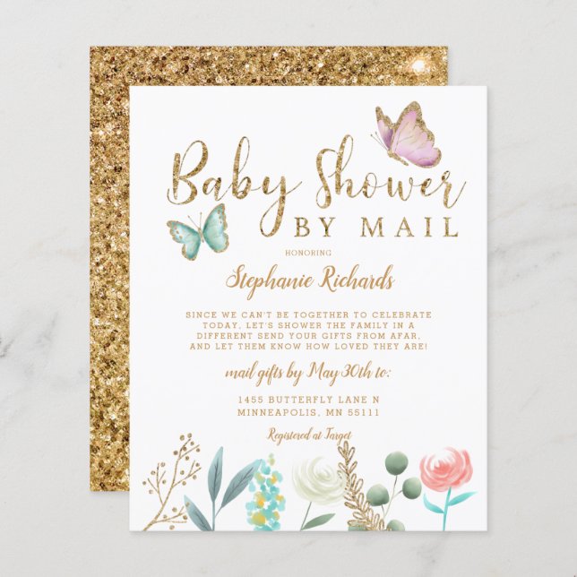 Budgetfjäder för Guld babyskor efter post Inbjudan (Fram/baksida)