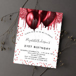 Budgetfödelsedagsinbjudan för vit röd glitter<br><div class="desc">För elegant 21:a födelsedag (eller någon annan ålder). En vit snyggt bakgrund. Dekorerad med rödfaux glitter och ballonger. Anpassa och lägg till information om namn,  ålder och party. Namn är skrivet med ett handskript i stil</div>