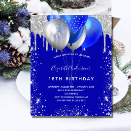Budgetfödelsedagsinbjudan royal blå silver