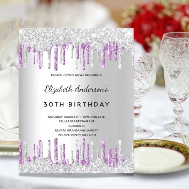 Budgetfödelsedagsinbjudan silver glitter lila (Skapare uppladdad)
