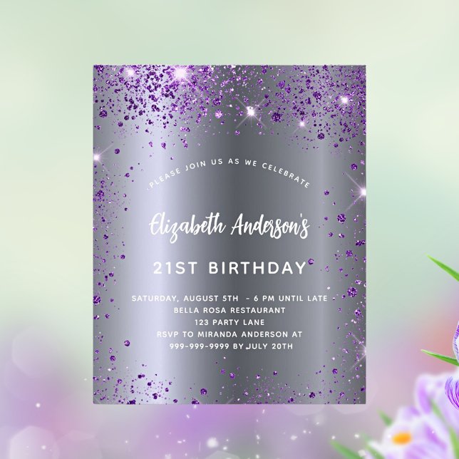 Budgetfödelsedagsinbjudan silver lila glitter (Skapare uppladdad)